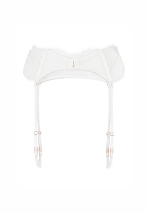 White lace and fabric suspender, featuring a centralized bow detail, adjustable straps with gold-tone hardware, and frayed edges.
