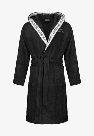 Schwarzer Bademantel aus frottiertem Material mit Kapuze, ausgestattet mit einem weißen Innenfutter und einem gemusterten Saum. Mit einem frontalen Bindeband und zwei seitlichen Taschen.