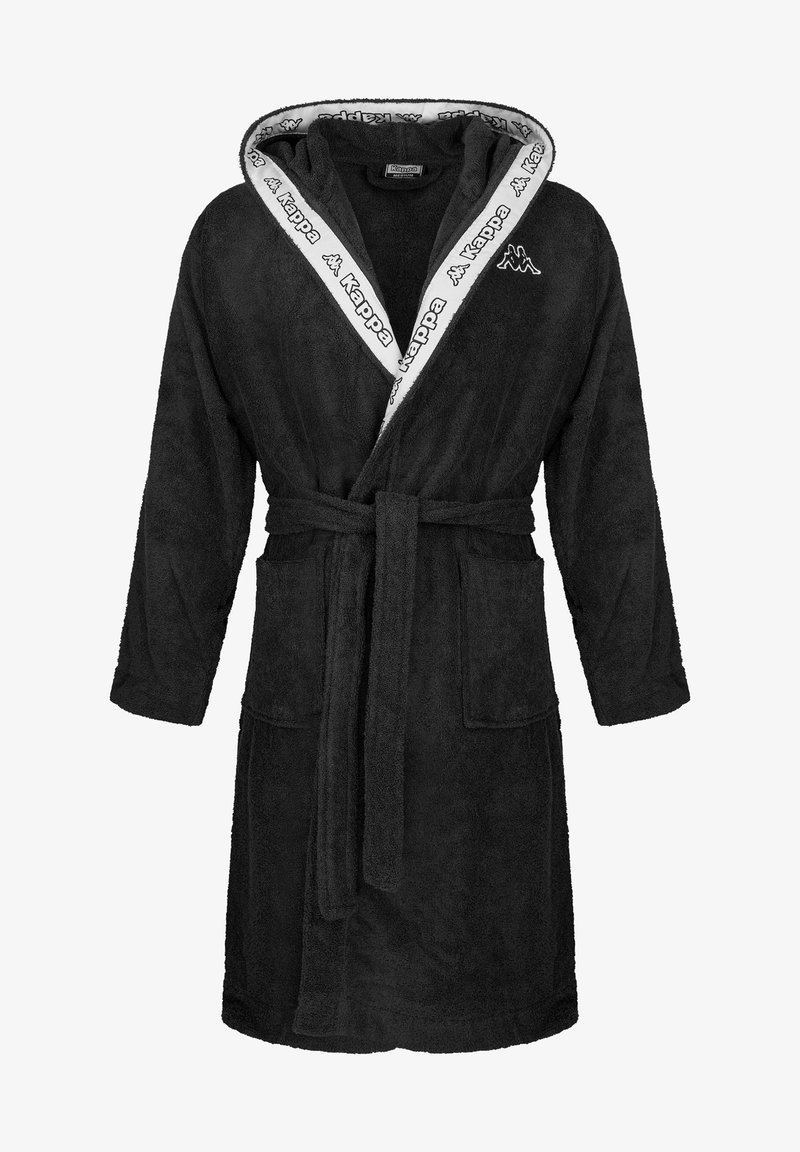 Schwarzer Bademantel aus frottiertem Material mit Kapuze, ausgestattet mit einem weißen Innenfutter und einem gemusterten Saum. Mit einem frontalen Bindeband und zwei seitlichen Taschen.