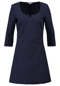 Navyblaues Kleid mit Rundhalsausschnitt und Dreiviertelärmeln. Glatter Stoff, A-Linien-Form, mit einem Saum, der einen subtilen Akzent in der Taille hat.