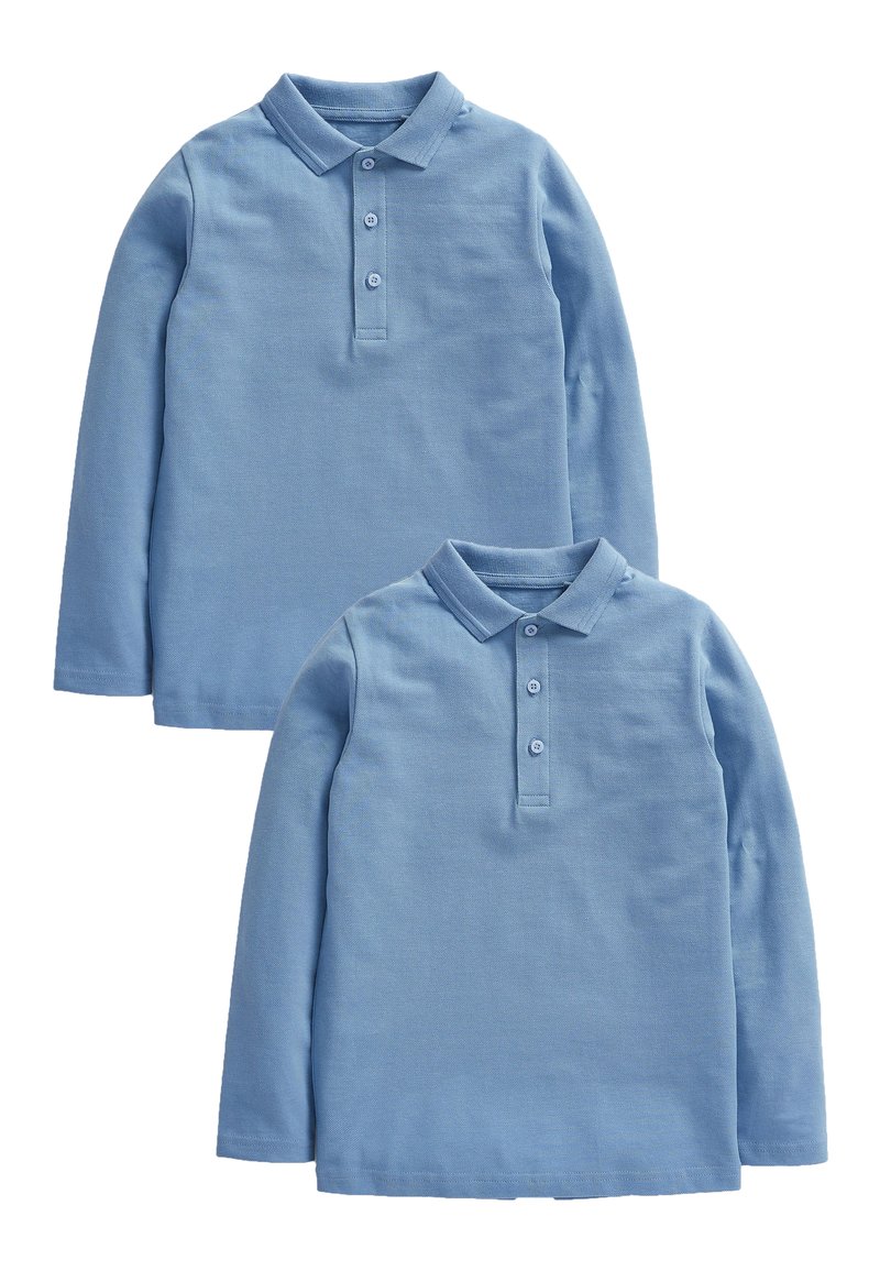 Polo a maniche lunghe di colore azzurro chiaro, realizzati in tessuto testurizzato, con colletto e patta con tre bottoni, presentati in una confezione da due.