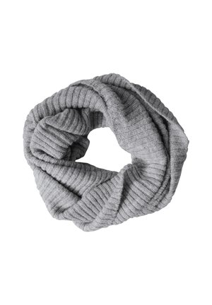 Gray knitted infinity scarf with ribbed texture, featuring an overlapping design for warmth and style. Material appears soft and cozy.