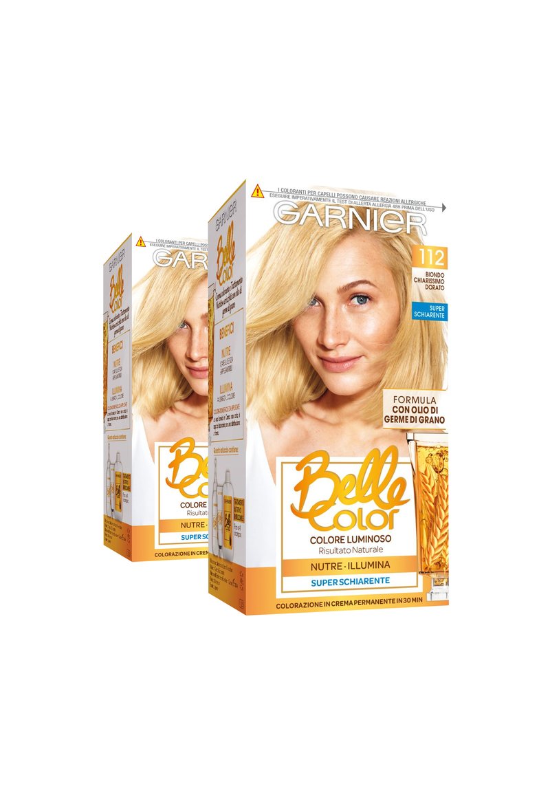 Scatola per tinta per capelli con tonalità bionde, in un vivace design arancione e bianco. Include immagini di grano e una donna con capelli chiari.