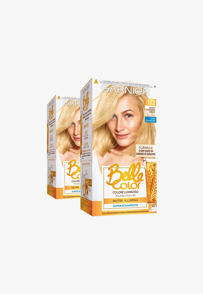 Scatola per tinta per capelli con tonalità bionde, in un vivace design arancione e bianco. Include immagini di grano e una donna con capelli chiari.