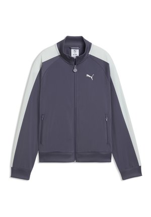 Veste de survêtement zippée gris foncé avec des bandes gris clair aux épaules, poignets et ourlet côtelés, poches latérales et logo Puma sur la poitrine.