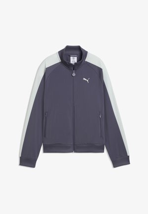 Dunkelgraue Trainingsjacke mit Reißverschluss, hellgrauen Schulterstreifen, gerippten Bündchen und Saum, Seitentaschen und Puma-Logo auf der Brust.
