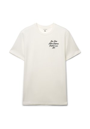 Biała bawełniana koszulka z krótkim rękawem, okrągłym dekoltem i czarnym haftowanym napisem na przodzie. Rozmiar wskazany jako XL.