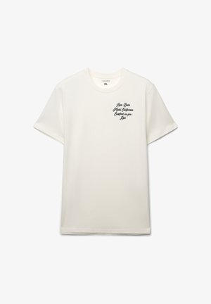 Biała bawełniana koszulka z krótkim rękawem, okrągłym dekoltem i czarnym haftowanym napisem na przodzie. Rozmiar wskazany jako XL.