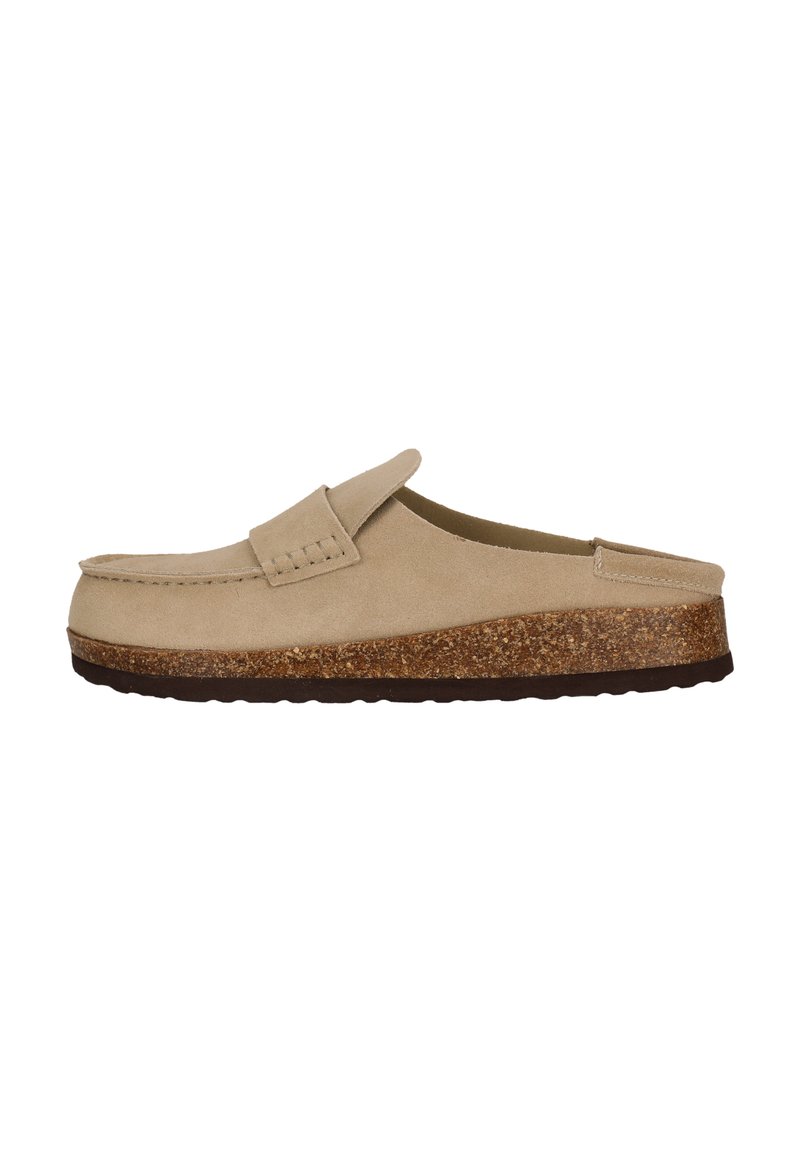 Beige mockasins i mocka med texturerad korksula, som har en rund tå och sydda detaljer över framfoten.