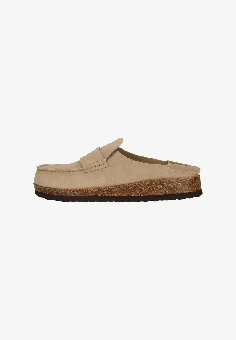 Beige mockasins i mocka med texturerad korksula, som har en rund tå och sydda detaljer över framfoten.