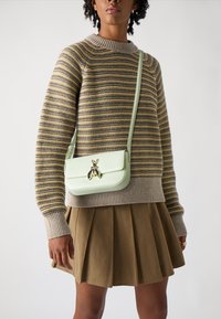 Lys grønn crossover-veske med en gulldekor av en bie, kombinert med en stripete genser i beige og sennep, samt et plisserte brun skjørt.