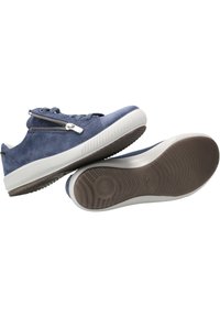 Blue suede sneakers with white rubber soles, featuring silver zipper hardware and textured toe caps. Includes a flexible, patterned outsole.