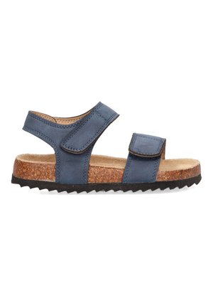 Sandalia de cuero azul con dos correas ajustables de Velcro, plantillas de corcho y suela de goma negra texturizada. La vista lateral muestra su diseño abierto.