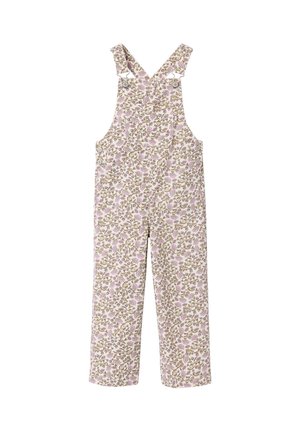 Floral-patterned toddler overalls with pink and brown leaves, adjustable shoulder straps, and metal button closures on white background.