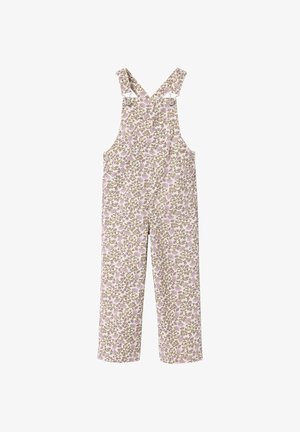 Floral-patterned toddler overalls with pink and brown leaves, adjustable shoulder straps, and metal button closures on white background.