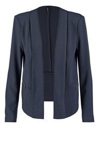 Blazer bleu marine foncé en tissu texturé. Tout en étant à ouverture frontale, il possède de longues manches et des poches latérales zippées.