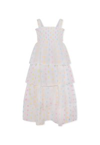 Robe blanche à volants ornée de pois pastel en jaune, rose et bleu. Conçue avec des bretelles spaghetti et un corsage smocké.