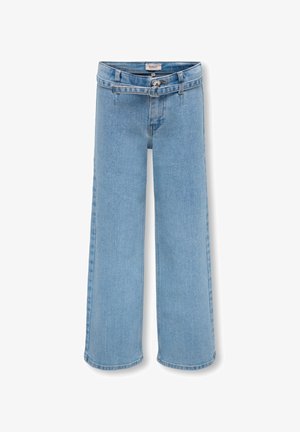 Jean large bleu clair avec ceinture en tissu assorti et fermeture par bouton, présenté sur fond blanc.