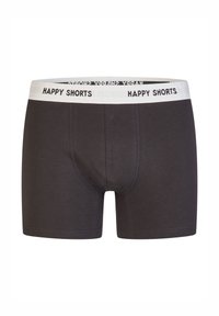 Ciemnoszare bokserki z bawełny, z białą elastyczną gumką w pasie z napisem "HAPPY SHORTS" w kolorze czarnym. Zaprojektowane z myślą o komforcie i dopasowaniu.
