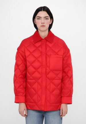 Red quilted jacket with a collared neckline, front buttons, and a single chest pocket. The fabric is smooth and lightweight, with a padded texture.