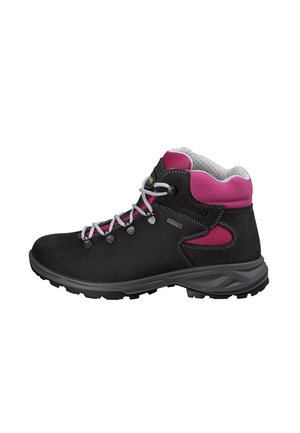 Botín de senderismo alto en negro y rosa con cordones grises, cuello acolchado y suela resistente para uso en exteriores.