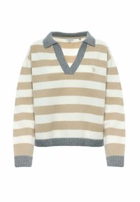 Maglione a righe con scollo a V, caratterizzato da righe orizzontali beige e crema. Collo e orlo a coste grigio, texture di maglia morbida.
