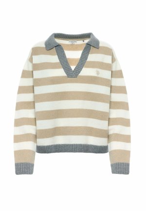 Maglione a righe con scollo a V, caratterizzato da righe orizzontali beige e crema. Collo e orlo a coste grigio, texture di maglia morbida.