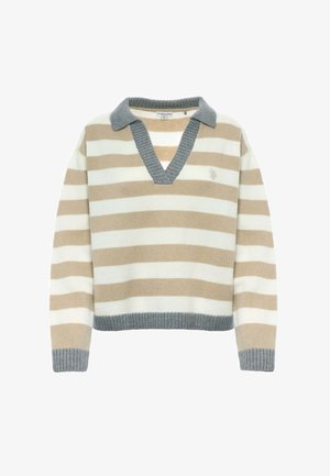 Maglione a righe con scollo a V, caratterizzato da righe orizzontali beige e crema. Collo e orlo a coste grigio, texture di maglia morbida.