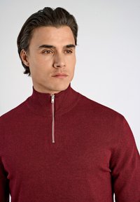 Burgunderfarbener Reißverschluss-Pullover mit hohem Kragen, aus weichem Strickmaterial. Verfügt über eine dezente Textur und einen silbernen Reißverschluss-Zipper.