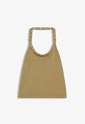 Beiger, wildlederähnlicher ärmelloser Neckholder-Top mit Metallösen, die gleichmäßig um den Halsausschnitt und den Träger verteilt sind.