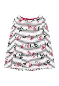 Langdurige T-shirt van katoen met een gestreept patroon. Bevat roze en groene bloemenontwerpen op een witte achtergrond. Rond de halslijn.