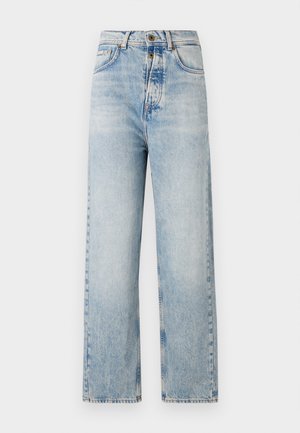 Light blue jeans with a straight leg design, made of denim. Features five pockets, a button fly, and subtle fading throughout.