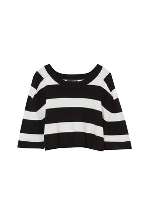Crop top a righe bianche e nere con una ampia scollatura a barca e maniche a tre quarti. Tessuto in maglia morbido con una vestibilità rilassata.