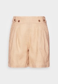 Beżowe lniane szorty z plisowanym przodem, dwoma ozdobnymi guzikami na pasie i dopasowanym wykończeniem. Miękka faktura i dopasowany krój.