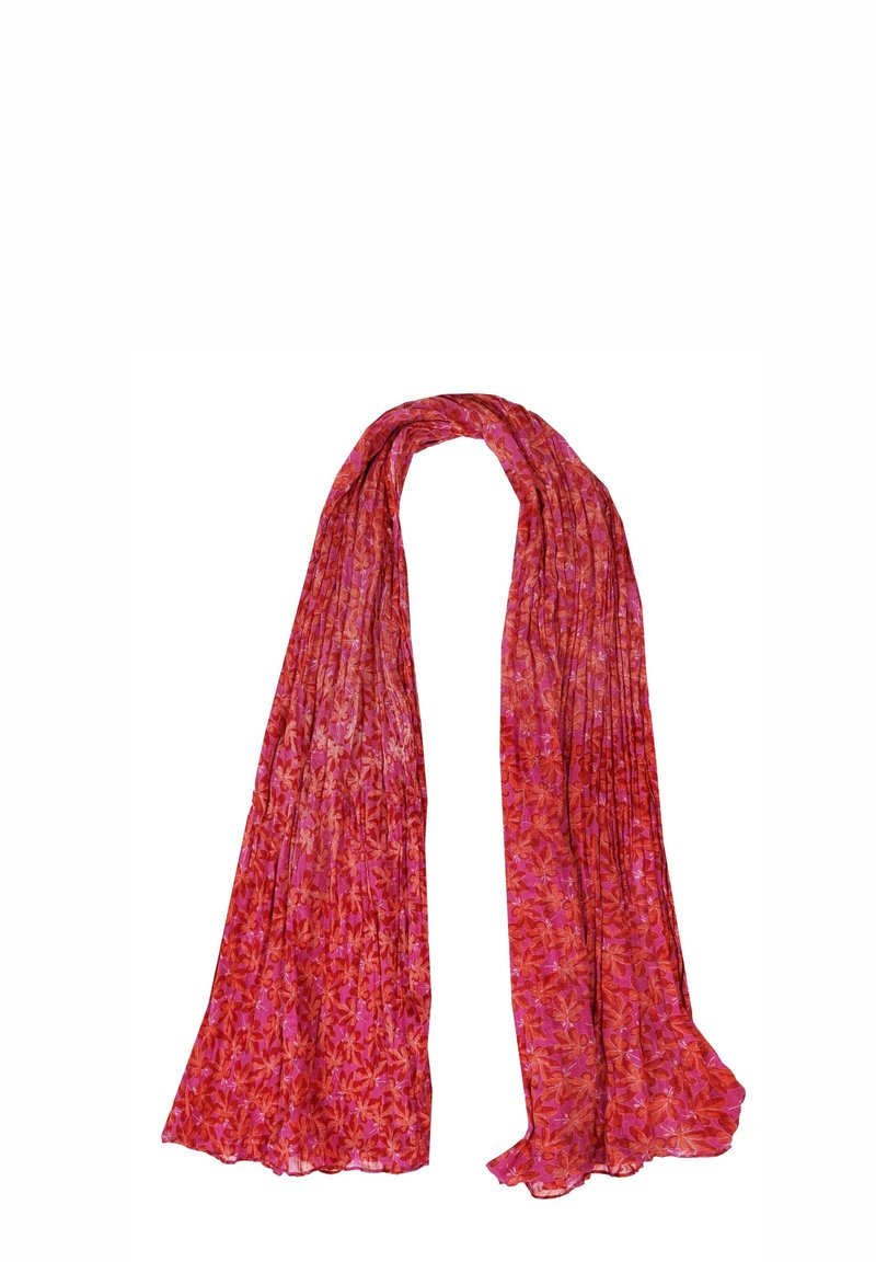 Lightweight, pink scarf with a floral pattern, featuring soft texture and pleated design. Ideal for versatile styling.