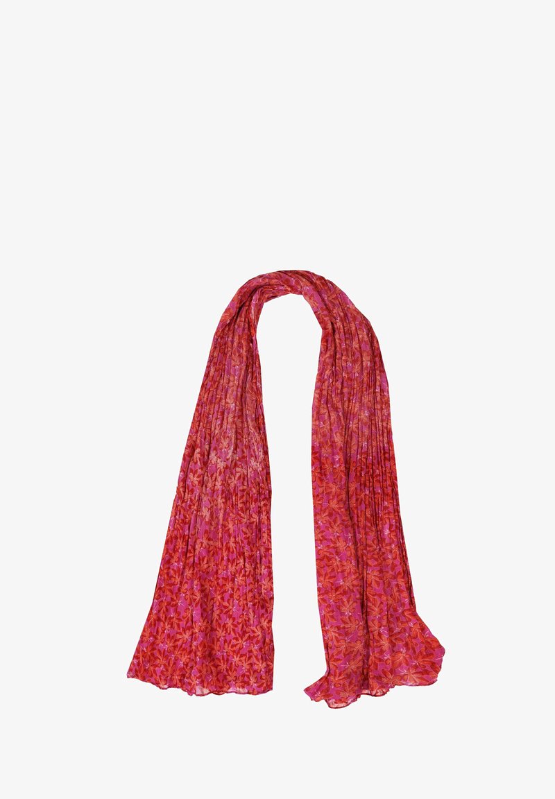 Lightweight, pink scarf with a floral pattern, featuring soft texture and pleated design. Ideal for versatile styling.