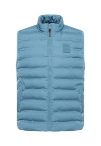 Helles blaues, gestepptes, ärmelloses Vest mit Stehkragen, Frontreißverschluss, seitlichen Taschen und einem kleinen rechteckigen Patch auf der Brust.