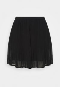 Falda negra plisada con una textura ligera y semitranslúcida. Cintura elástica para mayor comodidad. Diseño acampanado que llega hasta la mitad del muslo.