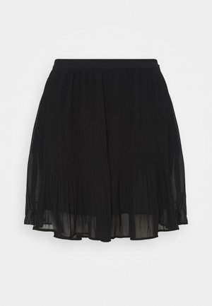 Czarna plisowana spódnica o lekkiej, przejrzystej teksturze. Elastyczny pas dla wygody. Rozszerzający się krój sięgający do połowy uda.