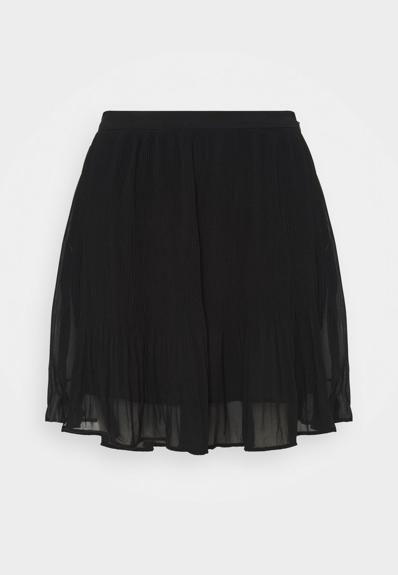Falda negra plisada con una textura ligera y semitranslúcida. Cintura elástica para mayor comodidad. Diseño acampanado que llega hasta la mitad del muslo.