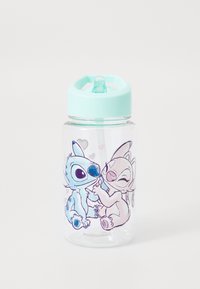 Durchsichtige Kunststoff-Wasserflasche mit einem mintgrünen Deckel, der mit Cartoonfiguren in Pastellfarben verziert ist. Enthält einen integrierten Strohhalm zum Trinken.
