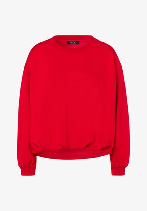 Rode pullover trui gemaakt van zacht materiaal. Voorzien van een ronde hals, lange mouwen met elastische manchetten en een losse pasvorm. Geen zichtbare patronen.