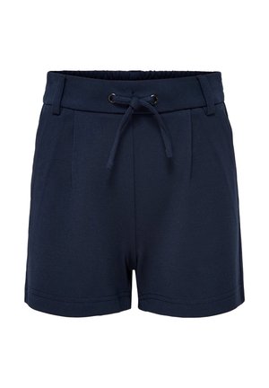 Pantalones cortos de color azul marino hechos de tela suave, con cintura elástica con cordón, pliegues en la parte delantera y corte recto en el dobladillo.