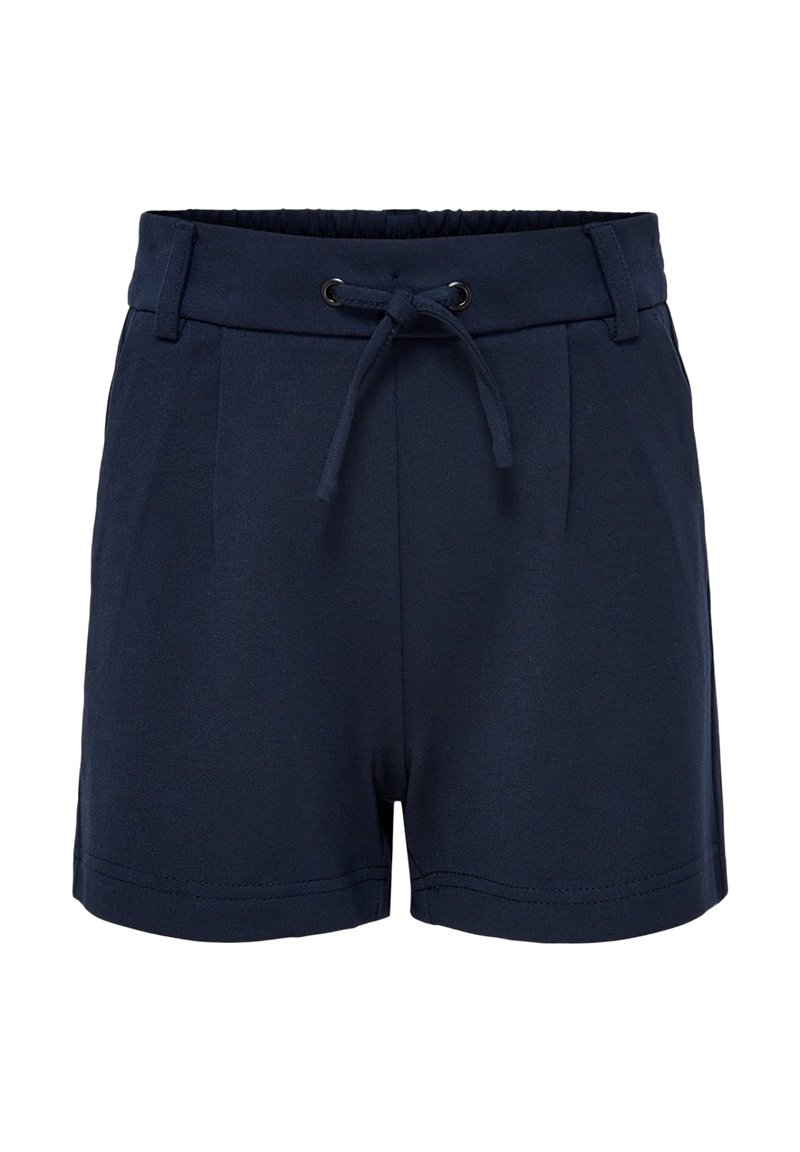 Shorts bleu marine en tissu doux, dotés d'une ceinture élastique avec cordon de serrage, de plis à l'avant et d'une coupe droite à l'ourlet.