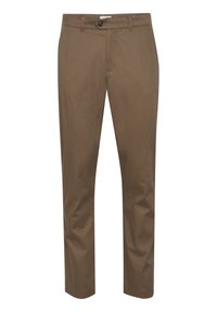 Brown cotton trousers with a straight cut, featuring a front button closure, belt loops, and no visible patterns or accents.