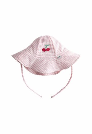 Ružovo-biely pruhovaný slnečný klobúk pre bábätká s popruhmi na bradu a výšivkou čerešní vpredu.