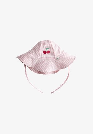 Pălărie de soare pentru bebeluși cu dungi roz și albe, cu curele pentru bărbie și broderie cu cireșe în față.
