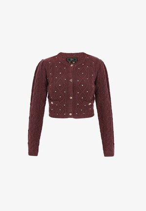 Burgundský zkrácený cardigan s texturovaným pleteným vzorem, zdobený dekorativními knoflíky a malými lesklými akcenty.