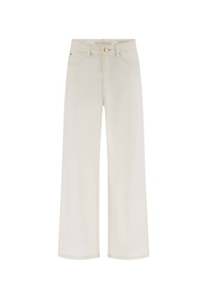 Jean crème taille haute à jambes larges, avec poches avant, passants de ceinture et fermeture par bouton doré à la taille.