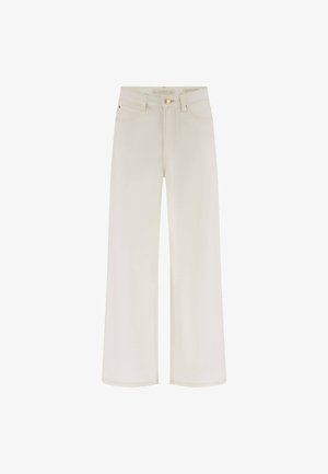 Jean crème taille haute à jambes larges, avec poches avant, passants de ceinture et fermeture par bouton doré à la taille.